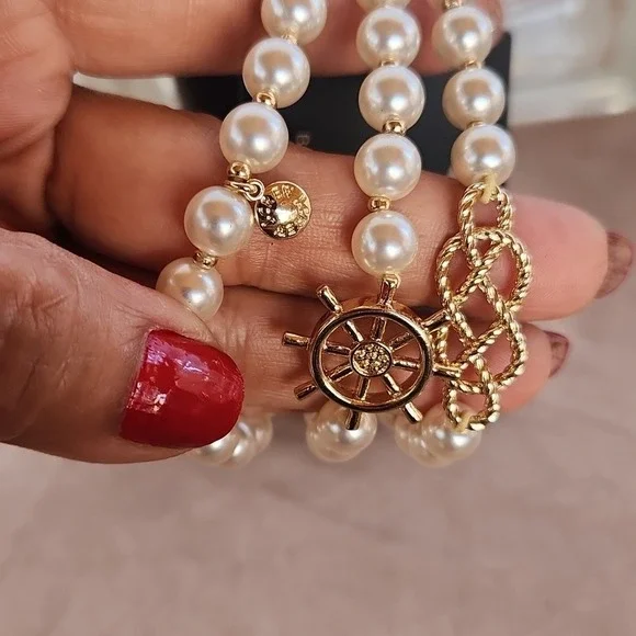 J. Crew Pearl Bracelet Set‎ Nautical Charm Gold Tone Elegant Jewelry - Picture 5 of 6